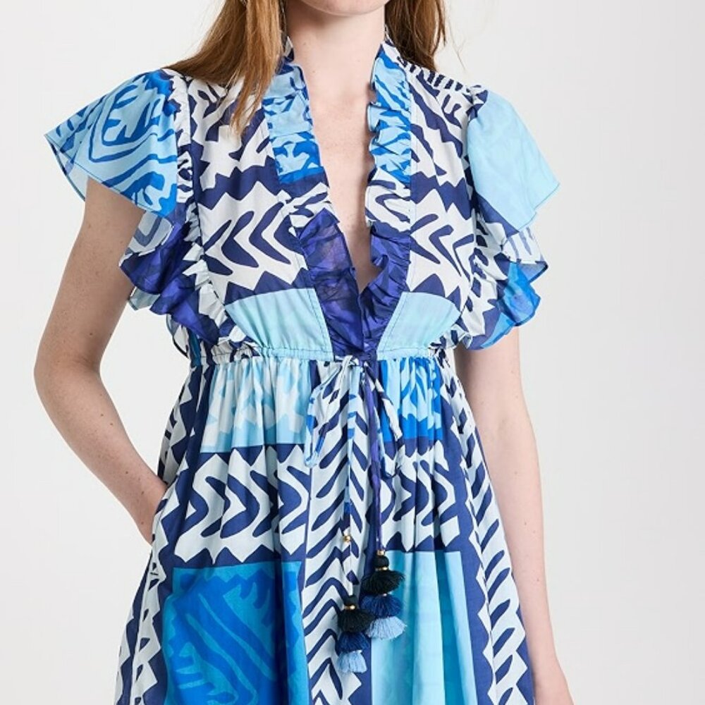 Figue Denissa NWT RARE Ruffle Tassel Drawstring Abstract Print Mini Dress Summer - Picture 12 of 15